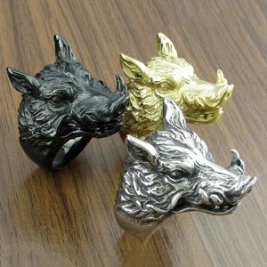 Punk Silver Color Black Golden Plated 316l Rostfritt stål Hop Mens Wild Boar Head Ring Animal Subuly 240202