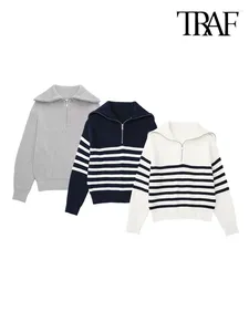 Suéteres femininos traf mulheres moda grossa quente solta listrada camisola de malha vintage manga longa zíper-up feminino pullovers chiques tops