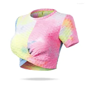 Yoga Outfit Women Tie Dye Tops Quick-drying Breathable Slimming Running Sports Short-sleeved Tight Stretch T-shirt Fitness Underwear
