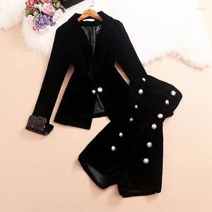 Women's Two Piece Pants Autumn 2 Pieces Sets Style Temperament Suit Collar Long Sleeve Velvet Jacket Double Breasted Tube Top Jumpsuit Women