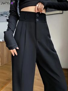 Kadınlar için Siyah Takım Pantolon Kore Moda 2 Düğmeler Geniş Bacak Pantolonları Vintage Street Giyim Yüksek Bel Ofis Bayanlar Çalışıyor 240202