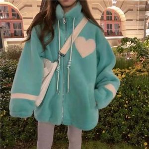 Women's Hoodies Winter Lamb Wool Fleece Loose Zipper Coats Women Y2k Korean Street Heart Sweet Stand Collar Sweatshirts Thick Jackets