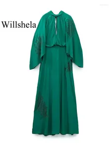 Casual Dresses Willshela Women Fashion Solid Midi Dress Lace-up Vintage V-Neck Long Sleeves Back Zipper Female Chic Lady