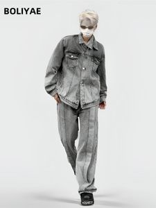Boliyae American Retro Grey Giacca di jeans e pantaloni Set da uomo Splicing Design Cappotto Jeans Y2K Fashion Washed Cowboy Suit Autunno 240131