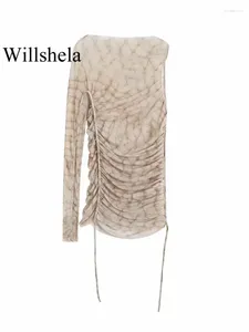 Women's T Shirts Willshela Women Fashion Tulle Printed Pleated Asymmetrical Vintage One-Shoulder Long Sleeve O-Neck Female Chic Lady Tops