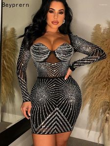 Casual Dresses Beyprern Luxury Geometric Black Rhinestone Short Party Robe Femme Women Elegant Sequin Bodycon Night Dress Sexy Clubwear