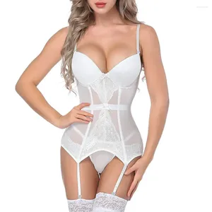 Bras Sets Women Lingerie Set White Bustier Corset Sexy Girdle Waist Cincher With Thong Perspective Erotic Underwear Baby Doll