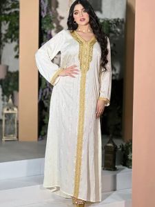 Elbiseler Beyaz Kaftan Gece Elbise Kadın Jakard Satin Elmas Müslüman Arap Partisi Uzun Elbise Fas Kaftan Körfezi Jalabiya Dubai Abaya