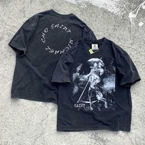 Homens camisetas Saint Michael Death Dance Impresso Manga Curta Vintage Angustiado Lavado Marca Na Moda VTG Americano T-shirt para Homens