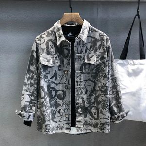 Mäns denimjacka lång skjorta breda axlar mode hane jean rockar ärmar koreanska kläder lxury tryck vintage cowboy 240119