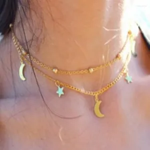 Choker Fashion Double-Layer Necklace Simple Moon Stars Gold Color Short Ball Round Beads Chain Wholesale Gift