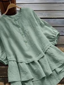 Blusas femininas 2024 primavera/verão botão sólido algodão linho manga curta camisa de comprimento médio