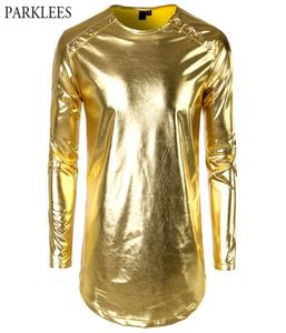 Shiny Gold Metallic Longline T-shirt Männer 2018 Marke Neue Nachtclub Herren T-shirts Casual O Neck Hip Hop Top Tees party Dance Show6369653