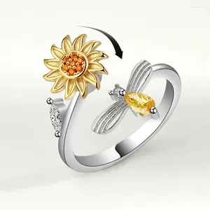 Anéis de cluster cristal ajustável girassol girando anel feminino anti-stress ansiedade sol flor abelha abertura para meninas presentes de casamento