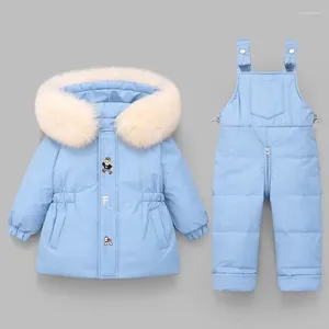 Set di abbigliamento Ragazze invernali con cappuccio in pelliccia Vestiti per bambini Solido Piumino d'anatra bianco Pantaloni Tuta da neve calda impermeabile TZ364