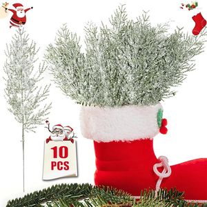 Decorative Flowers 13.8'' Artificial Frosted Pine Branches Christmas Tree Faux Cedar Needles Stems Fake Xmas Wreath Garland Home Party Decor