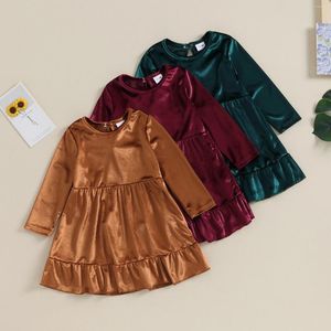 Flickklänningar Citgeeautumn Kids Girls Dress Solid Color Long Sleeve Velvet Fall Casual Clothes Princess Suit
