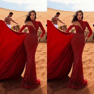 Sexy Mermaid Evening Dresses High Collar Prom Gowns Detachable Train Crystal Sequins Custom Made For Formal Party Dresses