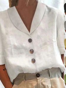البلوزات النسائية 2024 قميص الوقوف زر ذوي الياقات البيضاء غير الرسمية قصيرة الأكمام من الكتان القطن أعلى لون الصلبة للنساء