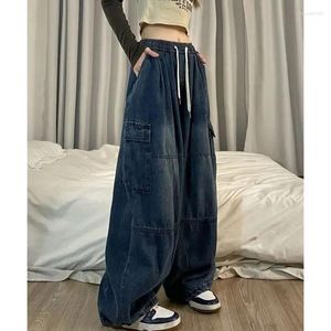 Kvinnors jeans vårens höst dragstring elastisk hög midja baggy byxor för kvinnor vintage rak y2k harajuku mode enkel denim