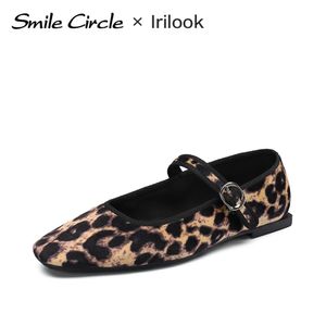 Smile Circle Velvet Mary Jane Ballet Flats Kadın Ayakkabı Leopar Baskı Konforlu Yumuşak Yuvarlak Ayak Parmağı Düz ​​240124