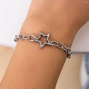 Charm Bracelets KunJoe Stainless Steel Thick Metal Hollow Star Bracelet For Women Men Punk Silver Color Cross Link Chain Hip Hop