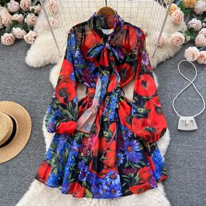 Casual Dresses Aelewell Spring Summer Runway Rose Boho Short Dress Women's Bow Tie Long Lantern Sleeve Floral Print Beach Chiffon A537