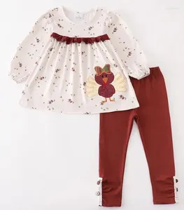 Conjuntos de roupas Girlymax Outono Outono Ação de Graças Bebê Meninas Crianças Roupas Turquia Bordado Floral Impressão Outfit Ruffles Borgonha Calças Conjunto