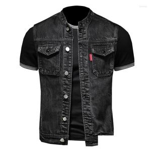 Motorcycle Apparel Retro Jean Jacket Mens Denim Vest Coats Slim Black Stand Collar Sleeveless Style Waistcoat Coat Cowboy Rop Delivery Otgym