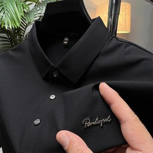 Polos masculinos high end designer de seda gelo camisa polo lapela impressão sem traço camiseta para homem clássico coreia casual 2024 roupas de verão