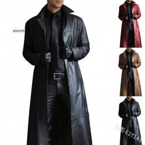 Coat Leather Vintage British Style Windbreaker stilig fast färg Slim-Fit Overcoat Long Jacket Plus Size S-5XL