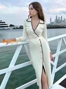 Casual Dresses Modphy Knitted V-neck Women's Dress Sexy Party Club Bodycon Buttons Elegant Female 2024 Autumn Winter Lady Robe