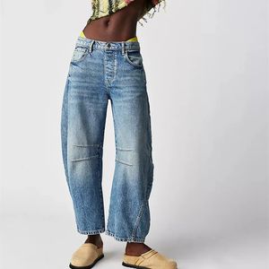 Women Vintage Mid Waist Jeans Wide Leg Loose Boyfriend Denim Cropped Pants Straight Rise Y2k Barrel 240127