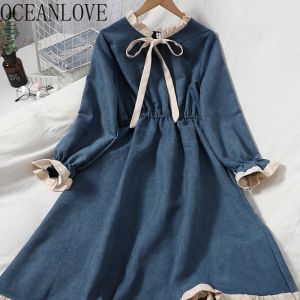 Платья Oceanlove Осеннее зимнее платье в Японии стиль Kawaii Lace Up vestidos 2022 Vintage Bow Aline Robes Hiver