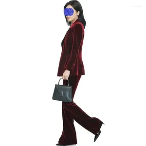 Women's Two Piece Pants Celebrity Same Size Women Clothing Wine Red Luxury Gold Velvet Set Female Suit Flared