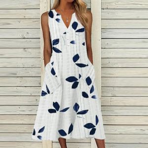 Women's Dresses Casual V Neck Button Up Dress Plaid Print Sleeveless Maxi Dresses Trendy Beach Flowy Tunic Dress with Pockets 240124