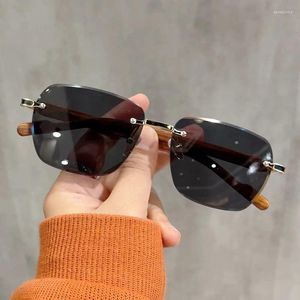 Sunglasses Wooden Color Leg Women Square Shape Rimless Cut Edge Designer Fashion UV Protection Glasses