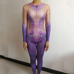 STAGE SLÄR SNAKE Mönster Tryck tätt Jumpsuit Purple Sexig Crystal Leotard Nightclub Bar DJ Pole Dancing Cosplay Costume