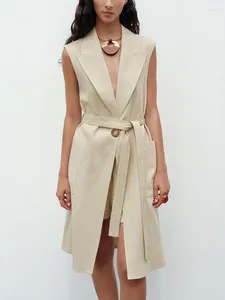 Kvinnors västar kontor Lady Elegant Long Waitcoat med bälte 2024 Kvinnor LAPEL COLLELESLESS SIDA VICKETER Single Button Faux Linen Vest