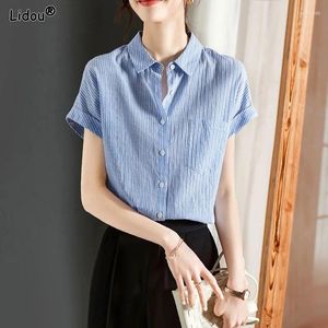 Blusas femininas capazes topos simplicidade botão manga curta bolsos turn-down colarinho listrado casual escritório senhora roupas 2024