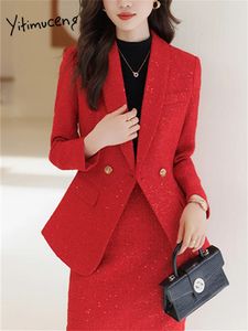 Yitimuceng Fashion Formal Two Piece Sets Womens Office Lady Turn Down Collar Double Breasted Blazer Chic Mini Skirt Suits 240202