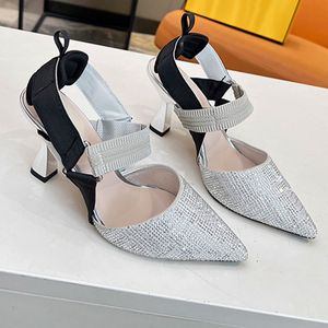 Srebrny krsektone slingbacks sandały kobiety krystaliczne slingback metalowe obcasy buty sukienka buty panny młodej jakość lustra seksowna spiczaste palce u stóp kozą 2 stra