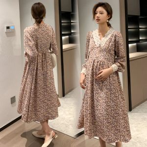 Abiti Primavera premaman elegante abito floreale in seta con bocciolo taglie forti abiti donna moda pizzo scollo a V patchwork maxi abiti donna incinta