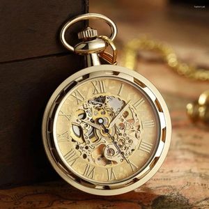 Zegarki kieszonkowe złota unisex mechaniczna fob zegarek zegarek na szyjka steampunk szkielet ręcznie wybity mężczyźni kobiety