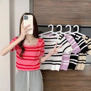 Mulheres camisetas atacado colar quadrado verão manga puff para mulheres curto colheita top casual listrado básico de malha