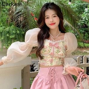 Women's Blouses Women Slim Floral Crop Tops Sweet Minimalist All-match Female Puff Sleeve French Style Cozy Spring Tender