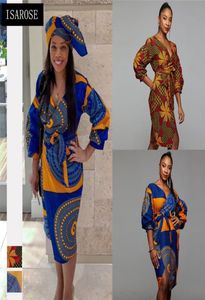 Isarose African Dashiki Dress V Neck Belted Slit Rich Bazin Bazin High Taistline Plus Size Office Dame Women Codzienne odzież 5580353