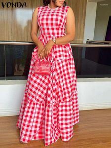 Casual Dresses 2024 Vonda Bohemian Summer Sundress Women Sexig O-Neck ärmlös Plaid tryckt Maxi Long Dress Loose Party Beach Vestido