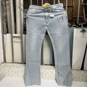 Herrbyxor high street askyurself blå jeans tvättade rak skarv manschetter rippade denim män kvinnor avslappnad fråga byxor riktig pos