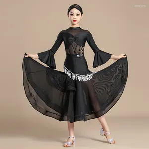 Stage Wear Girls Ballroom Dancing Clothes Black Flare Sleeve Competition Dresses Kids Waltz Tango Standard Performance Suit VDB7986